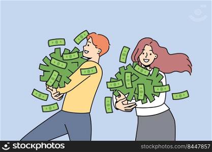 Happy people with cash stack excited about win or victory. Overjoyed man and woman with money piles celebrate lottery luck. Wealth and success. Vector illustration.. Excited people with money piles happy with win