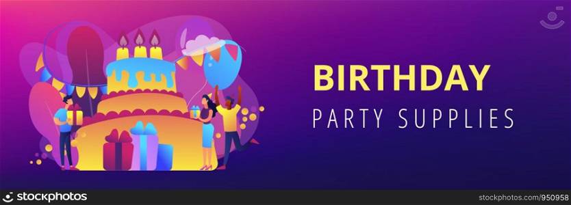 Happy people with gifts celebrating birthday at huge cake. Birthday party supplies, birthday party Invitations, birthday planning concept. Header or footer banner template with copy space.. Birthday party concept banner header.