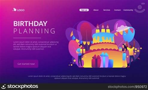 Happy people with gifts celebrating birthday at huge cake. Birthday party supplies, birthday party Invitations, birthday planning concept. Website vibrant violet landing web page template.. Birthday party concept landing page.