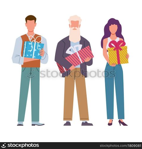 Happy people with gifts. Celebrating characters group holding presents, fun company congratulations friend, man woman and grandfather with wrapped package on birthday party vector cartoon isolated set. Happy people with gifts. Celebrating characters group holding presents, fun company congratulations friend, man woman and grandfather with package on birthday party, vector cartoon isolated set