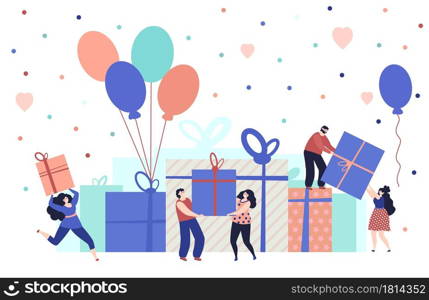 Happy people with gifts. Event smile person, funny friends confetti presents. Birthday party, cheerful celebration decent vector concept. Celebration entertainment, gift box to present illustration. Happy people with gifts. Event smile person, funny friends confetti presents. Birthday party, cheerful group celebration decent vector concept
