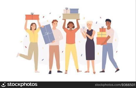 Happy people with gifts. Fun women and men holding gift boxes with presents, young guys congratulate friend, birthday party vector concept. Characters having festive event with falling confetti. Happy people with gifts. Fun women and men holding gift boxes with presents, young guys congratulate friend, birthday party vector concept