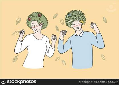 Happy people with green plants on head dance and relax, enjoy stress free life. Smiling overjoyed man and woman think positive. Mental health, self development, psychology. Vector illustration. . Happy people have green plants on head
