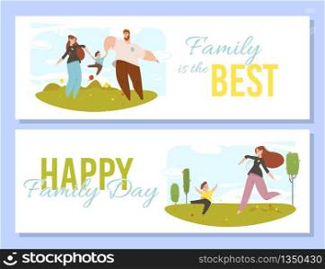 Happy People with Kids Outdoors Activity. Best Family of Parents and Children Spending Time Together in Summer City Park. Mother, Father and Son Fun Cartoon Flat Vector Illustration, Horizontal Banner. Happy People with Kids Outdoors Activity Family