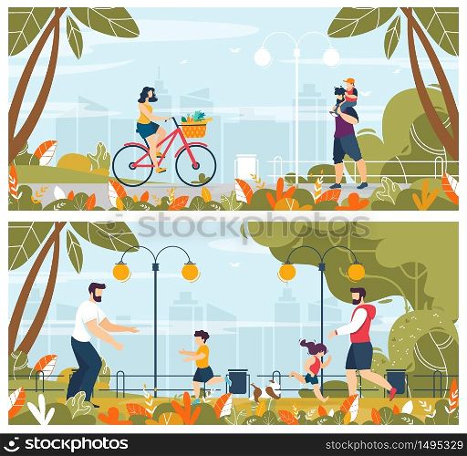 Happy People with Kids Outdoors in Part Cartoon Set. Woman Riding on Bicycle. Man Carrying Child on Shoulders. Two Fathers Playing with Children. Natural Scene. Vector Cityscape Flat Illustration. People with Kids Outdoors in Part Cartoon Set