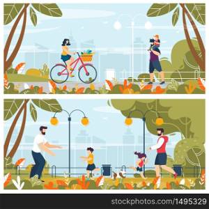 Happy People with Kids Outdoors in Part Cartoon Set. Woman Riding on Bicycle. Man Carrying Child on Shoulders. Two Fathers Playing with Children. Natural Scene. Vector Cityscape Flat Illustration. People with Kids Outdoors in Part Cartoon Set