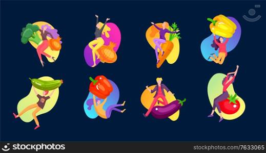 Happy People with vegetables jumping and dansing. Vegetarianism, healthy lifestyle. Veggie recipe, vegetarian diet, meat abstaining, eco friendly. Colorful vector illustration. Happy People with vegetables jumping and dansing. Vegetarianism, healthy lifestyle. Veggie recipe, vegetarian diet, meat abstaining, eco friendly. Colorful vector