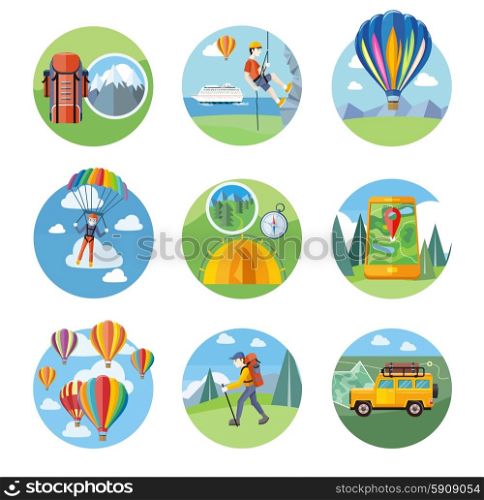 Happy peoples plans with parachute. Man doing rock climbing. Colorful hot air balloons flying over the mountain. Man traveler with backpack hiking. Off-road car with map and compass on road
