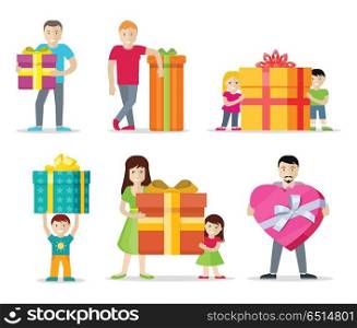 Happy Peoples with Gifts Flat Design Vectors Set. Happy peoples with presents. Smiling man, woman, kids, family standing with big gift box decorated ribbon and bow flat vectors isolated on white background. Birthday, valentine, christmas celebrating. Happy Peoples with Gifts Flat Design Vectors Set