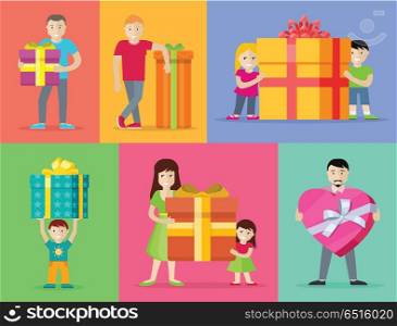 Happy Peoples with Gifts Flat Design Vectors Set. Happy peoples with presents. Smiling man, woman, kids, family standing with big gift box decorated ribbon and bow flat vectors. Birthday, valentine, christmas celebrating