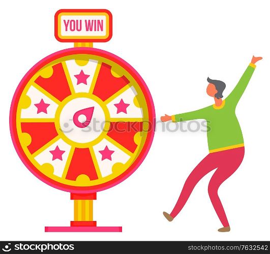 Happy person dancing with happiness, man won in fortune wheel. Casino playing games isolated person and machine for winning rewards. Vector illustration in flat cartoon style. You Win Dancing Gambler and Fortune Wheel Vector