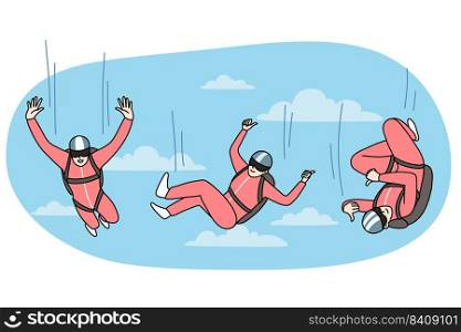 Happy person in protective suit falling down from sky with parachute. Concept of free falling. Extreme sport. Flat vector illustration.. Person in suit jumping with parachute