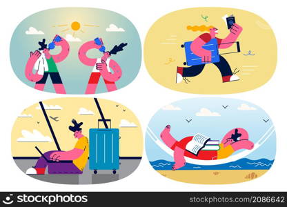 Happy person relax on summer vacation on sea reading book working online. Smiling people have fun rest enjoy holiday. In airport ready for trip. Travel concept. Flat vector illustration. Set.. Set of people relax enjoy summer vacation or travel