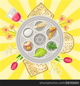 Happy Pesach Jewish Passover plate greeting card. Holiday background with celebration traditional symbols.. Happy Pesach Jewish Passover plate greeting card. Holiday background with traditional symbols.
