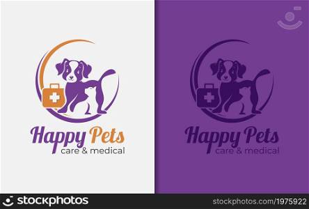 Happy Pets Care and Medical Logo Design with Smiley Dog and Cat Silhouette Combination Logo Design. Graphic Design Element.