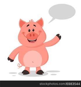 Happy Pig Cartoon Character Waving For Greeting. Vector Illustration Flat Design Isolated On Transparent Background With Speech Bubble