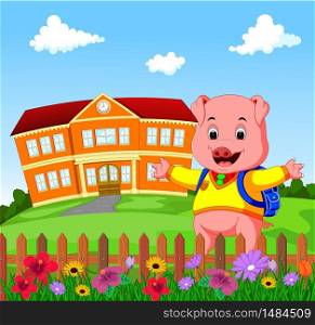 happy pig cartoon standing in front of school building