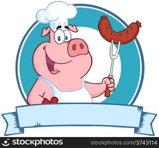 Happy Pig Chef Holding A Sausage On Fork Over A Blank Banner