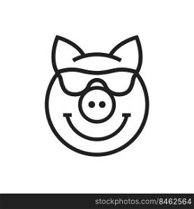 Happy pig with sunglasses, cute kawaii avatar, mascot icon. Flat vector illustration isolated on white background.. Happy pig face, cute kawaii avatar. Flat vector illustration isolated on white