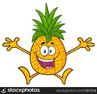 Happy Pineapple Fruit With Green Leafs Cartoon Mascot Character With Open Arms Jumping. Illustration Isolated On White Background