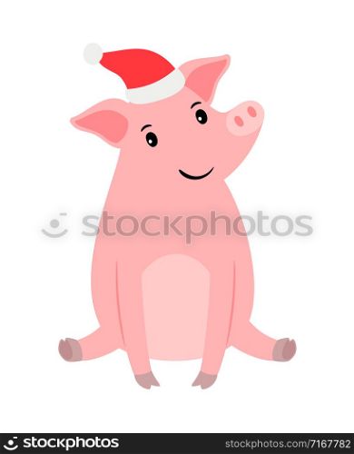 Happy pink pig in santa hat sitting and smiling, vector illustration. Happy pink pig in santa hat
