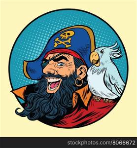Happy pirate with a parrot on his shoulder, pop art retro vector illustration