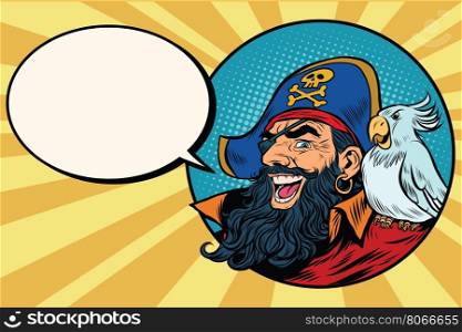 happy pirate with a parrot, pop art comic bubble, retro vector illustration