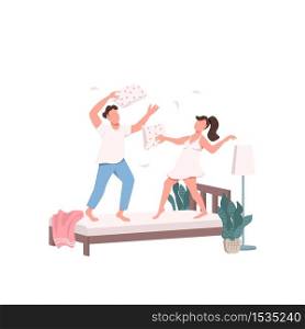 Happy playful couple leisure activity flat color vector faceless characters. Pillow fight. Young wife and husband having fun together isolated cartoon illustration for web graphic design and animation. Happy playful couple leisure activity flat color vector faceless characters