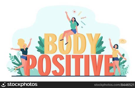 Happy plus size women enjoying life isolated flat vector illustration. Cartoon female characters of different figure type and active healthy lifestyle. Body positive and beauty diversity concept