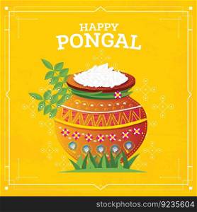 Happy Pongal Harvest Festival of Tamil Nadu South India. Vector Illustration. Pot with Food.