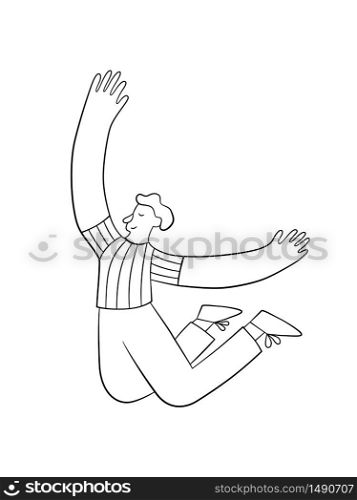 Happy positive man jumping in the air with raised hands. Trendy people. Vector illustration in doodle style on white background. Isolated. Happy positive man jumping in the air with raised hands. Trendy people. Vector illustration in doodle style on white background