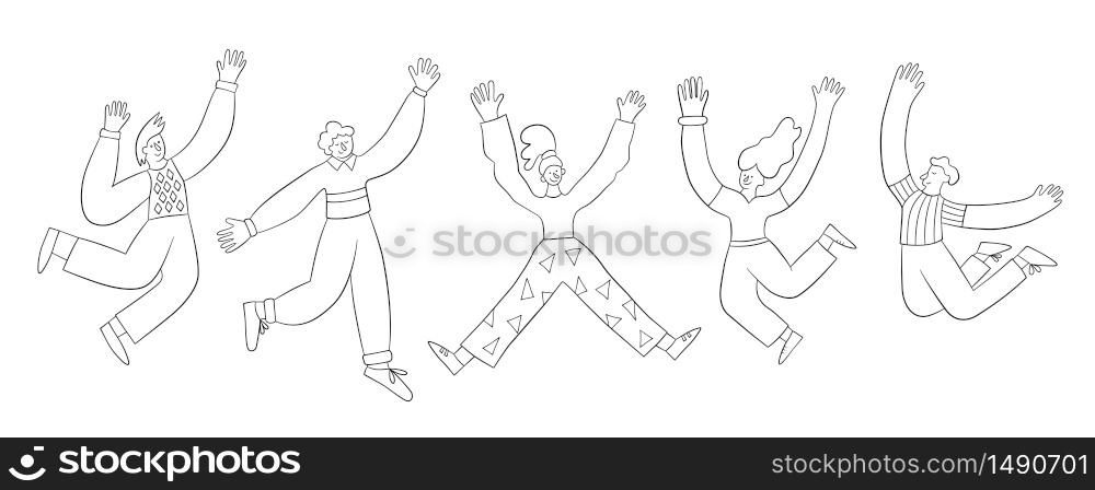 Happy positive men and women jumping in the air with raised hands. Trendy people. Vector illustration in doodle style on white background. Isolated. Happy positive men and women jumping in the air with raised hands. Trendy people. Vector illustration in doodle style on white background