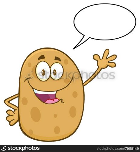 Happy Potato Cartoon Character Waving With Speech Bubble
