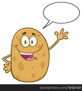 Happy Potato Cartoon Character Waving With Speech Bubble