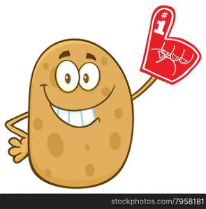 Happy Potato Character Wearing A Foam Finger