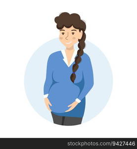 Happy pregnancy concept. Cartoon pregnant healthy woman. Vector illustration with standing character. Happy pregnancy symptoms concept. Cartoon smiling young healthy pregnant girl. Vector illustration with future mother. Flat character