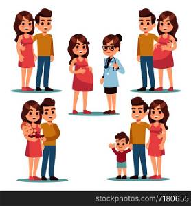 Happy pregnancy. Pregnant woman mom, man father and healthy lovely newborn baby. Young family cartoon vector characters set. Illustration of mother pregnancy, pregnant mom, father with baby mother. Happy pregnancy. Pregnant woman mom, man father and healthy lovely newborn baby. Young family cartoon vector characters set