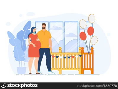 Happy Pregnancy, Preparing Home for Newborn, Parenting and Maternity Concept. Husband Hugging Pregnant Wife, Future Father and Mother Decorating Baby Bed with Balloons Trendy Flat Vector Illustration