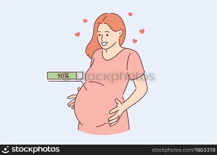 Happy pregnancy process and expectation concept. Happy young pregnant woman embracing belly with 90 percent of pregnancy and expectation inside feeling love vector illustration . Happy pregnancy process and expectation concept.