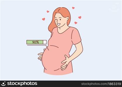 Happy pregnancy process and expectation concept. Happy young pregnant woman embracing belly with 90 percent of pregnancy and expectation inside feeling love vector illustration . Happy pregnancy process and expectation concept.