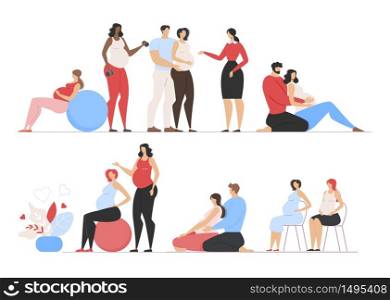 Happy Pregnancy Time Flat Set. Cartoon Young Family, Wife and Husband. Daily Routine, Fitness and Morning Exercising for Pregnant Women, Training Consultative Courses for Parents. Vector Illustration. Happy Pregnancy Time and Cartoon Young Family Set