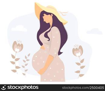 Happy pregnant girl on vacation in sun hat hugs her belly on a background of flowers. Vector illustration. Female health and pregnancy concept