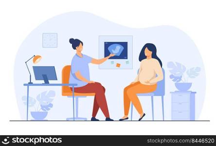 Happy pregnant woman consulting in gynecology office isolated flat vector illustration. Cartoon female patient talking with doctor in hospital. Medicine and pregnancy concept