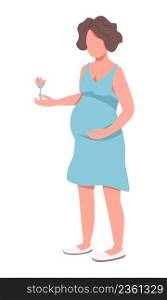 Happy pregnant woman holding pink flower semi flat color vector character. Standing figure. Full body person on white. Simple cartoon style illustration for web graphic design and animation. Happy pregnant woman holding pink flower semi flat color vector character
