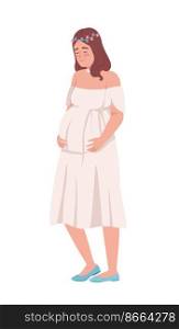 Happy pregnant woman hugging belly semi flat color vector character. Editable figure. Full body person on white. Maternity simple cartoon style illustration for web graphic design and animation. Happy pregnant woman hugging belly semi flat color vector character