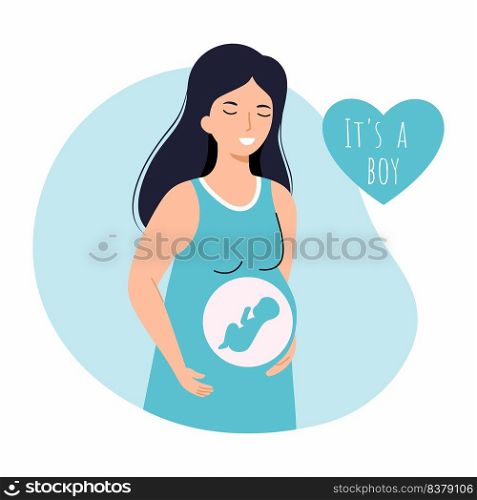 Happy pregnant woman in blue dress. Waiting for  birth of boy. Gender Party.