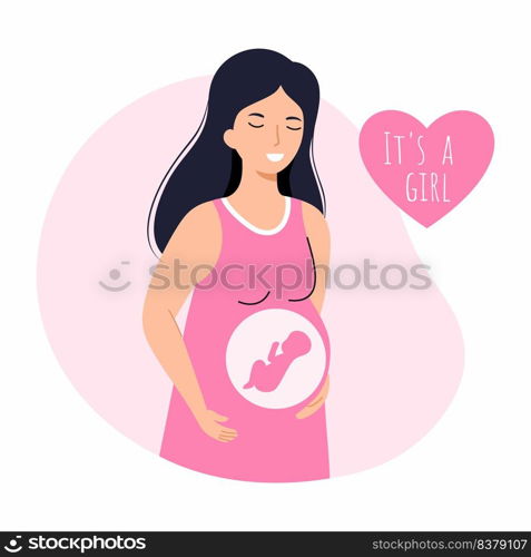 Happy pregnant woman in pink dress. Waiting for  birth of  girl. Gender Party.