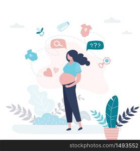 Happy pregnant woman thinks about things and toys for a newborn baby. Pregnancy and the period before childbirth. Cute female character. Trendy style vector illustration