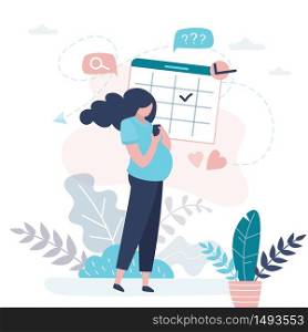 Happy pregnant woman use mobile phone. Doctor appointment schedule and date of birth. Pregnancy and prenatal period. Cute female character. Trendy style vector illustration