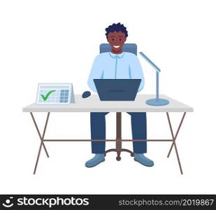 Happy productive employee semi flat color vector character. Posing figure. Full body person on white. Corporate work isolated modern cartoon style illustration for graphic design and animation. Happy productive employee semi flat color vector character
